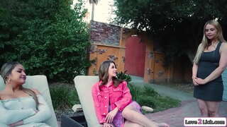 Brunette babe asks new busty stepmom to get back at her other cheating stepmom.They kiss and she licks the tattooed milfs feet and then facesits her